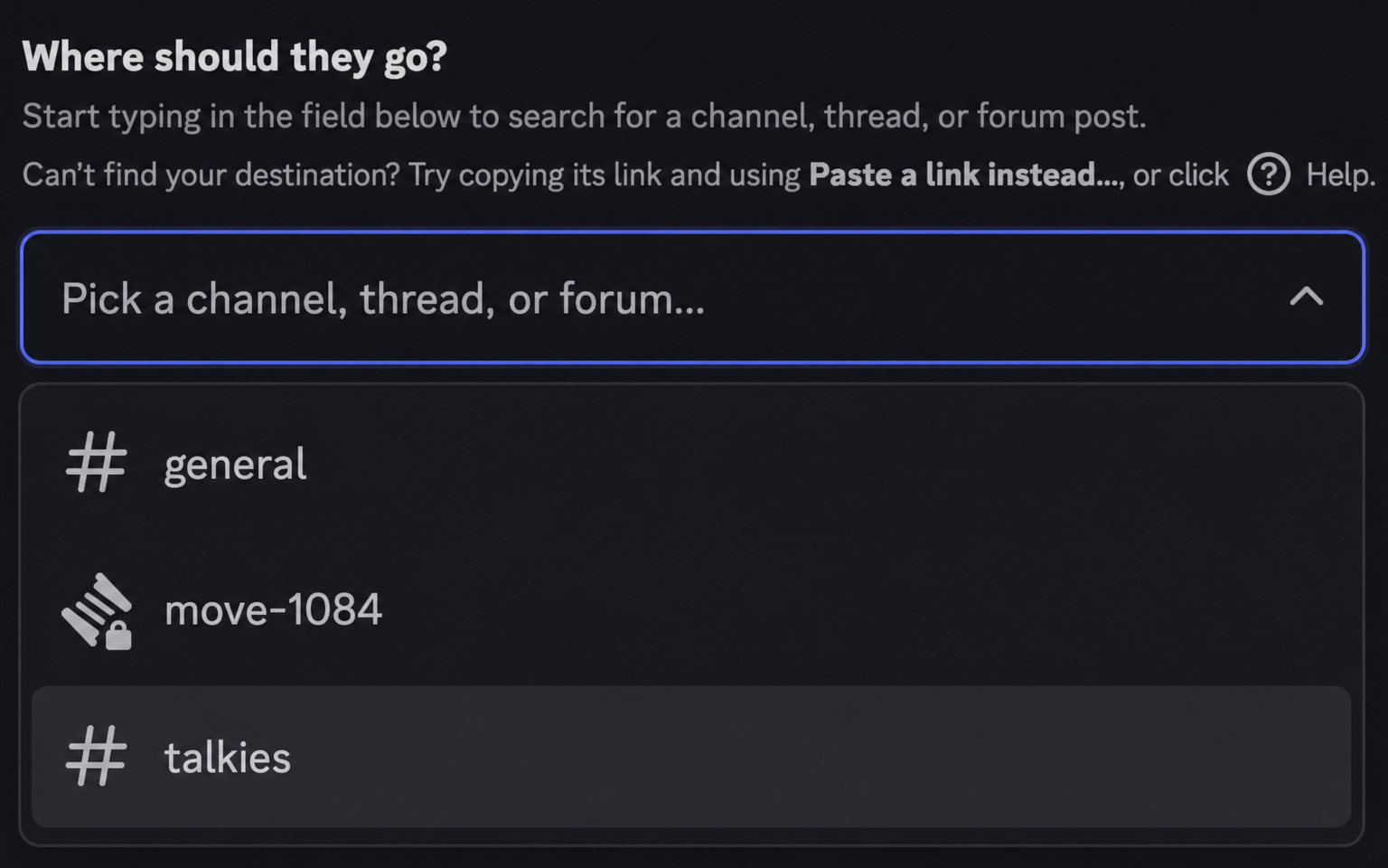 Pippin's destination picker, searching channels from the private setup thread