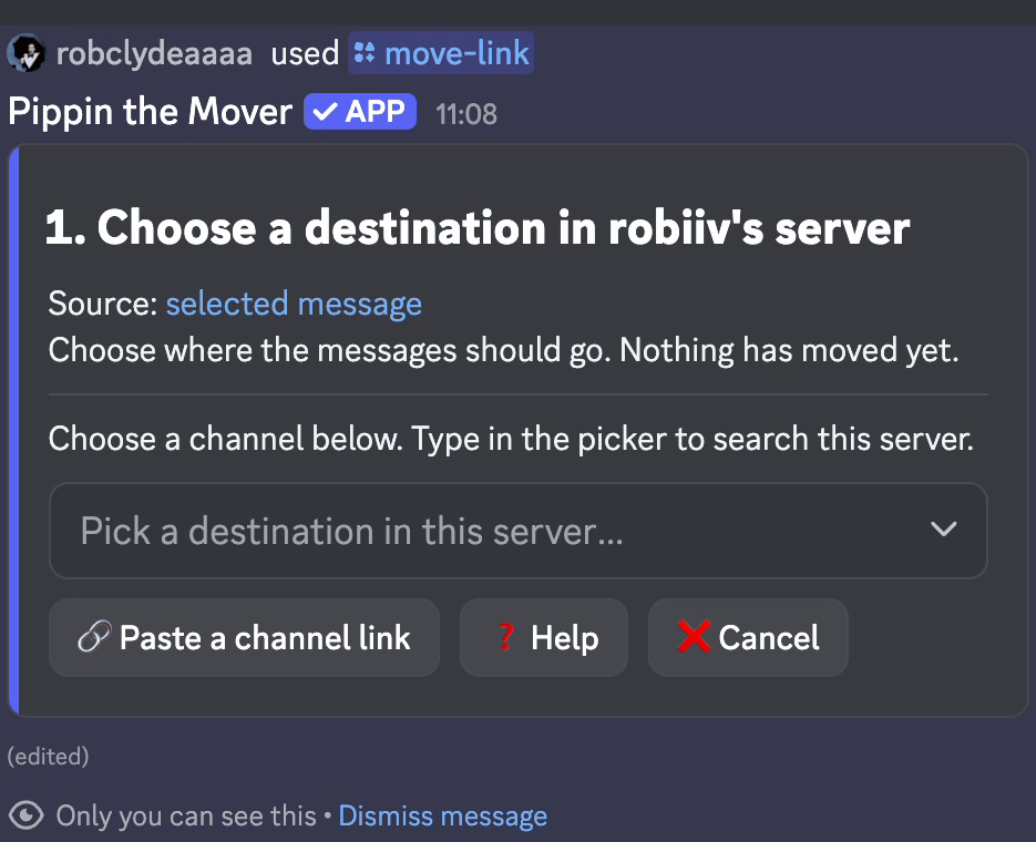 Choose a destination in the target server