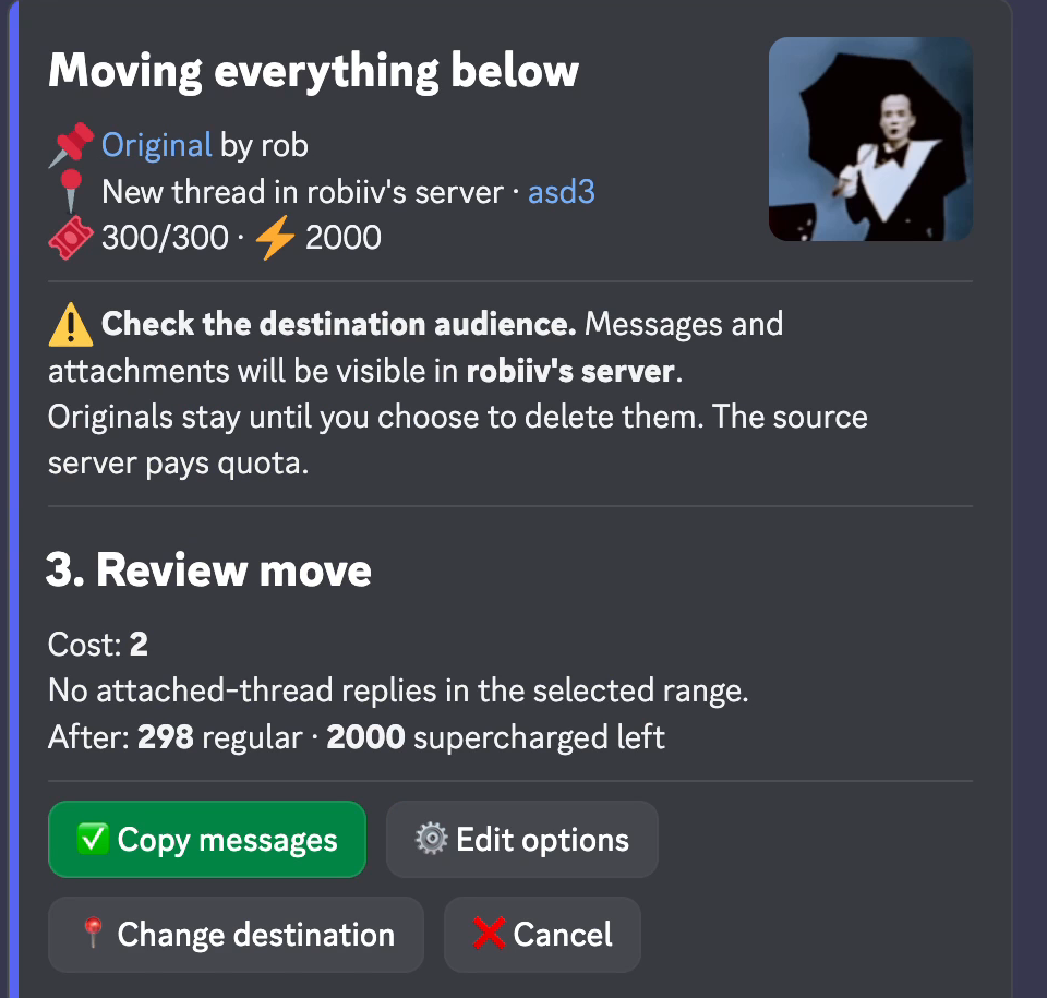 Review move with the destination audience warning and Copy messages