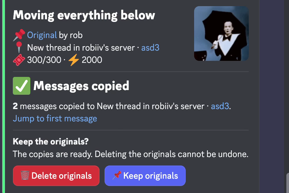 Messages copied, with Keep the originals? and its two buttons