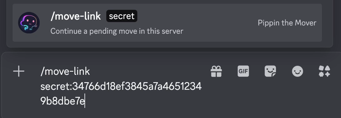 Discord's command picker with Pippin's /move-link and the pasted code